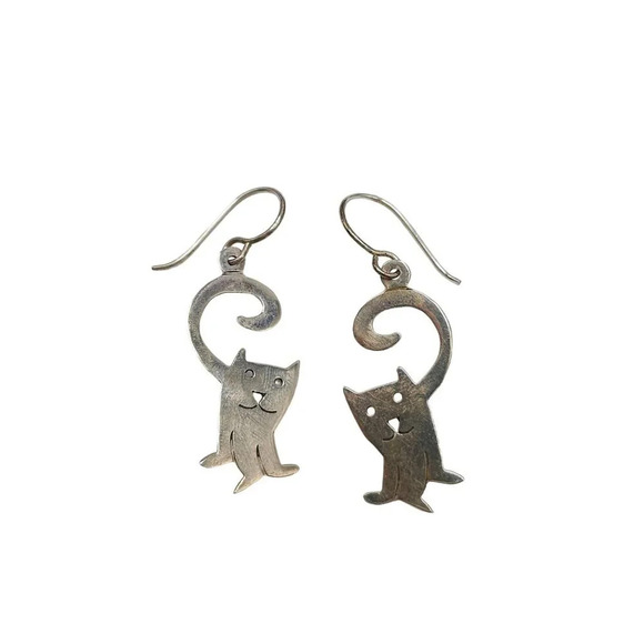 Sterling Silver Whimsical Cat Earrings 925 Mexico 2.77 Grams 1.5 Inches Long - Picture 1 of 5